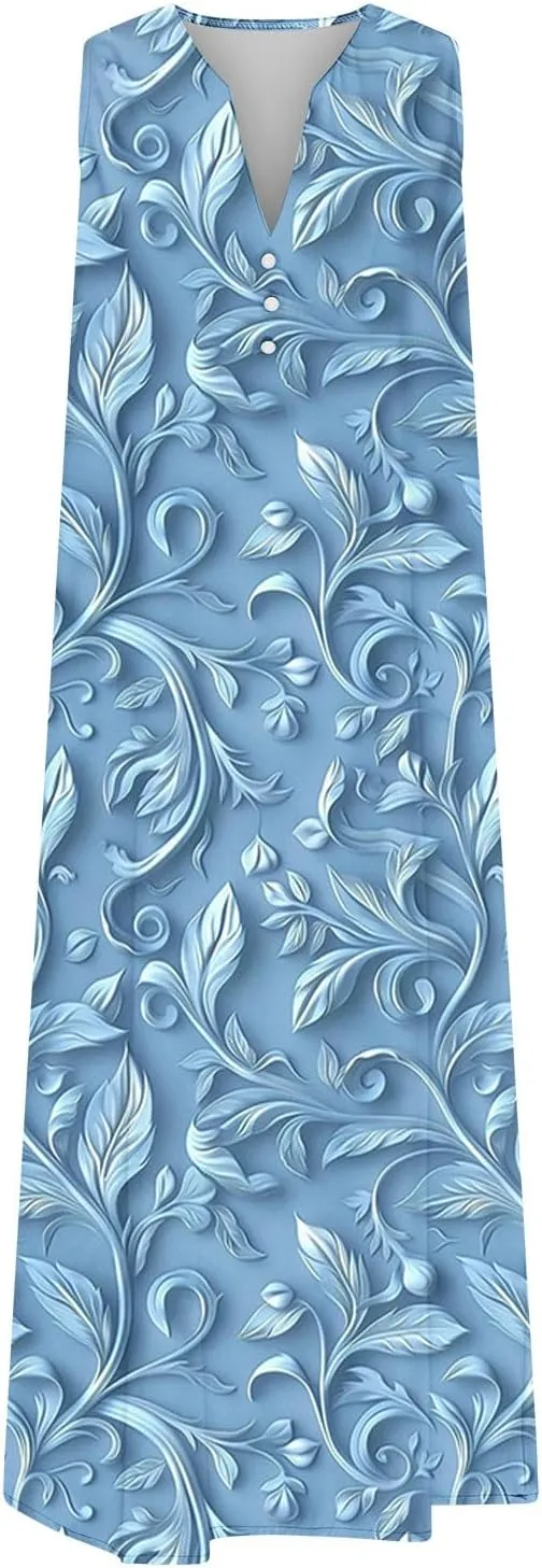 Women's Embossed Floral Printed Midi Dresses Button V Neck Summer Loose Sleeveless A-Line Casual Plus Size Dress with Pockets