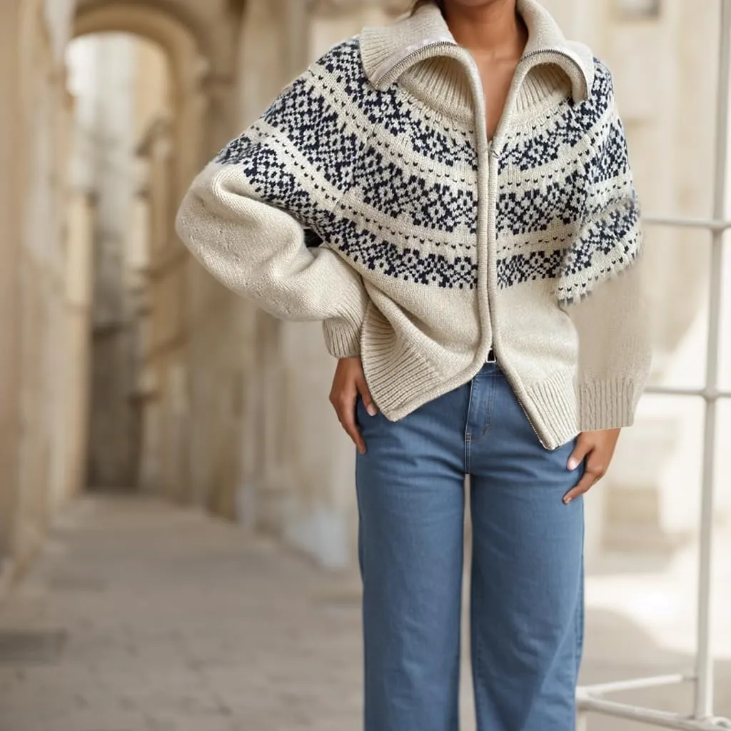 Women's Fair Isle Knit Sweater Jacquard Graphic Zip Up Coats Vintage Casual Polka Dots High Neck Holiday Cardigan