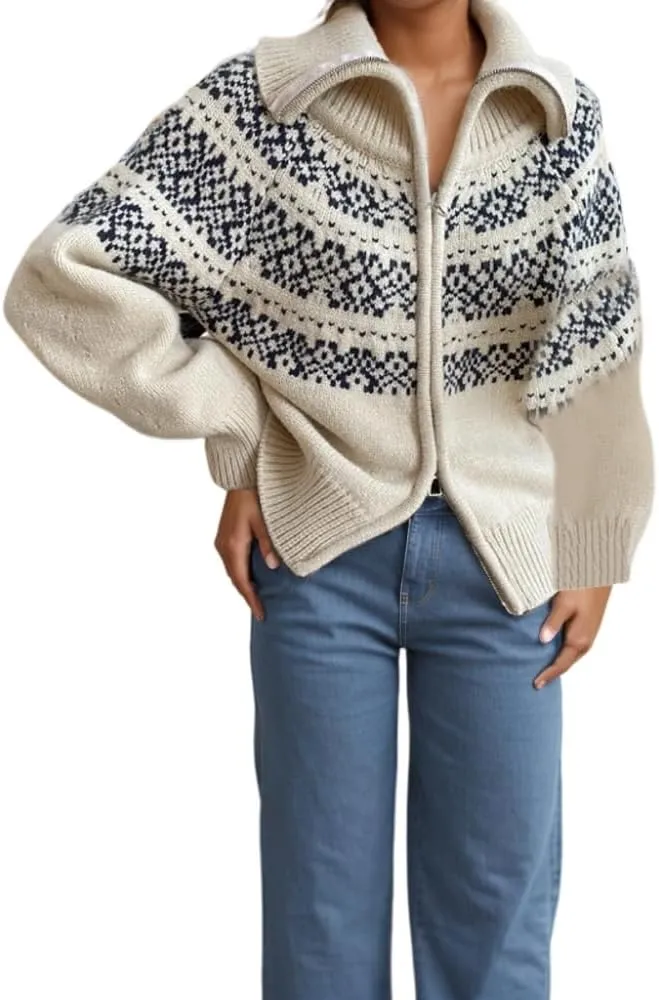 Women's Fair Isle Knit Sweater Jacquard Graphic Zip Up Coats Vintage Casual Polka Dots High Neck Holiday Cardigan