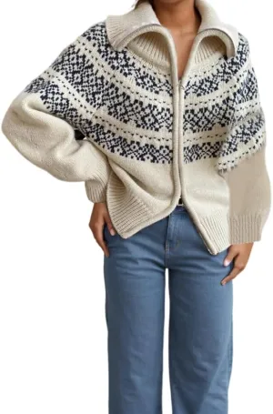 Women's Fair Isle Knit Sweater Jacquard Graphic Zip Up Coats Vintage Casual Polka Dots High Neck Holiday Cardigan