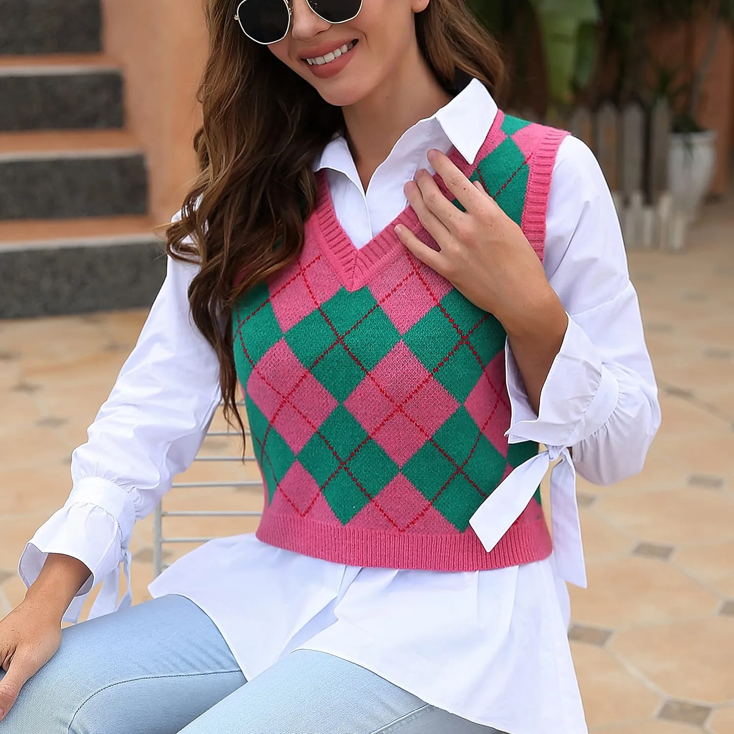 Women's Fashion Cropped Sweater Vest College Style Sleeveless Vest