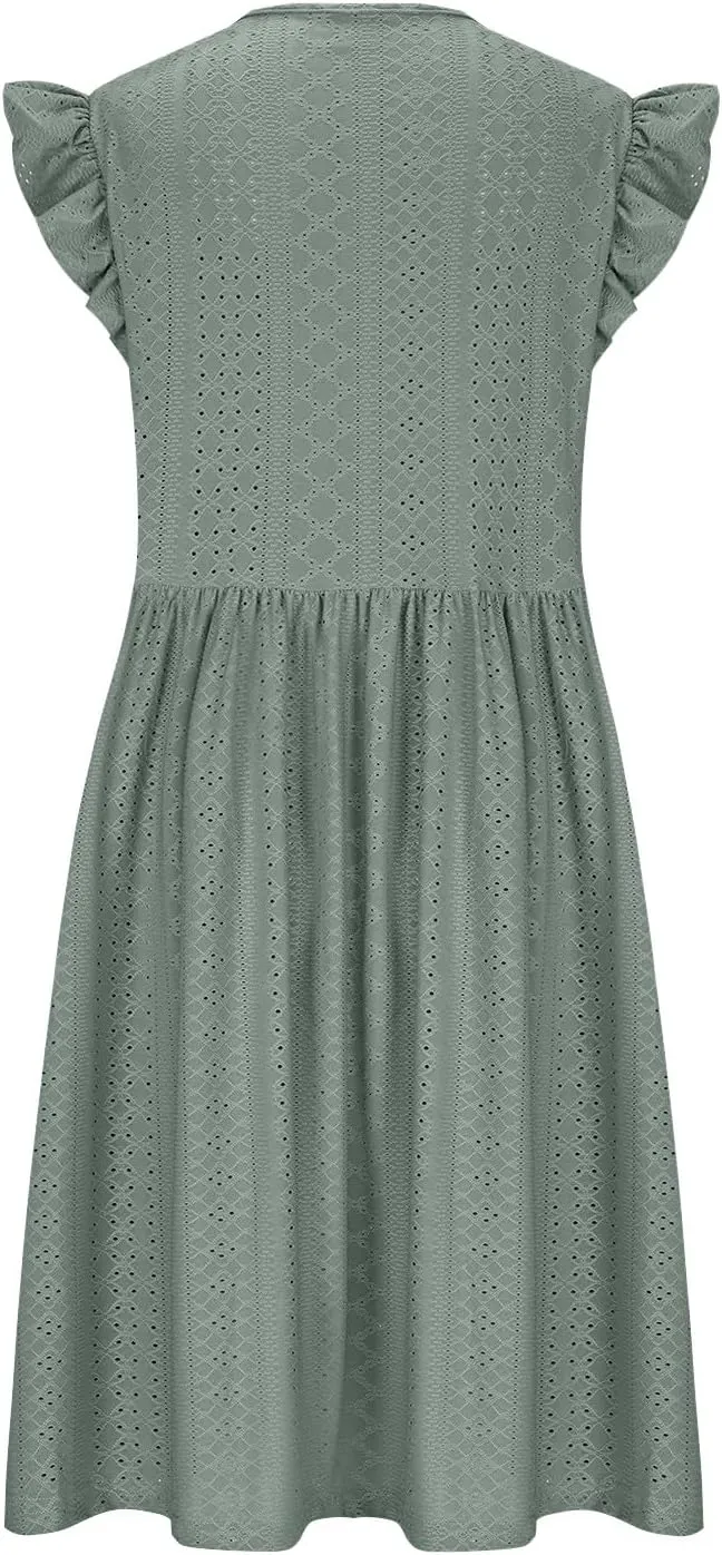 Women's Fashion Eyelet Embroidery Summer Midi Dress, Loose Plus Size Ruffle Short Sleeve Flowy Dresses Casual Comfy