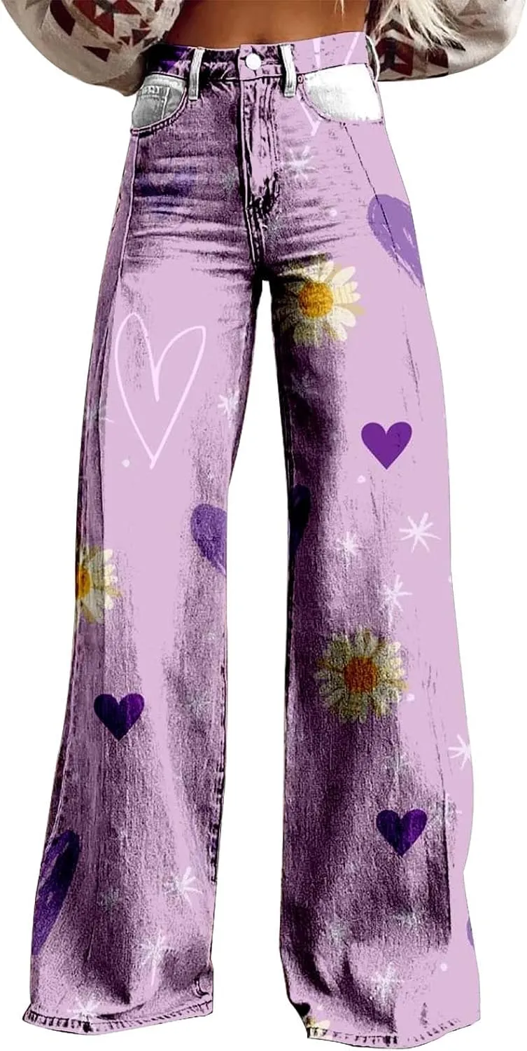 Womens Fashion Trousers Wide Leg High Waist Button Down Loose Cute Printed Long Trousers Going Out Party Stretch Pants