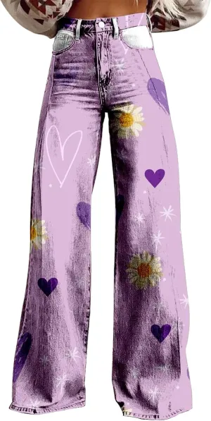 Womens Fashion Trousers Wide Leg High Waist Button Down Loose Cute Printed Long Trousers Going Out Party Stretch Pants