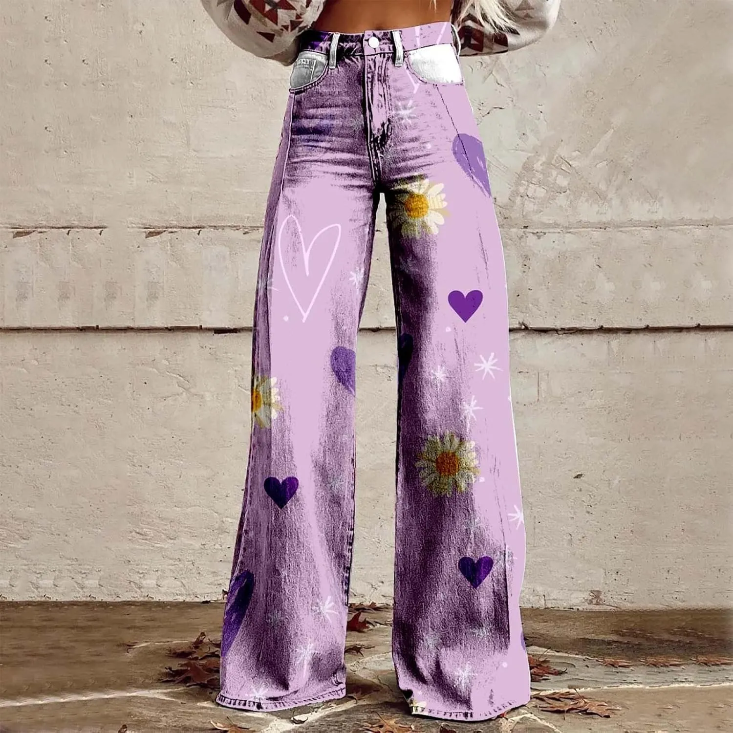 Womens Fashion Trousers Wide Leg High Waist Button Down Loose Cute Printed Long Trousers Going Out Party Stretch Pants