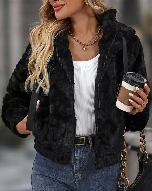 Women's Faux Fur Crop Coat Full Zip Fleece Sherpa Jacket with Hood