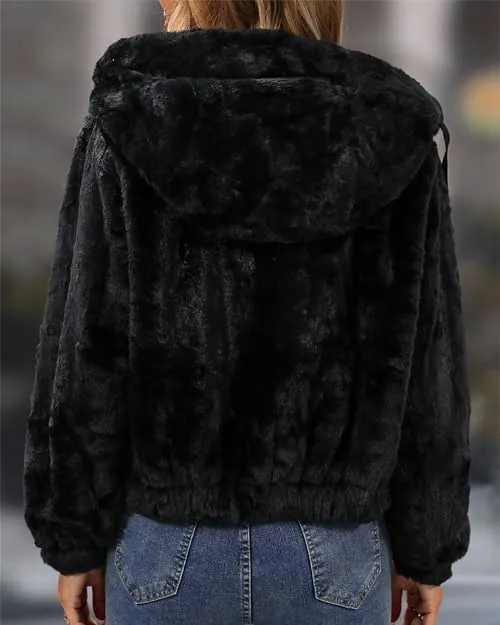 Women's Faux Fur Crop Coat Full Zip Fleece Sherpa Jacket with Hood