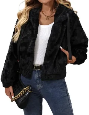 Women's Faux Fur Crop Coat Full Zip Fleece Sherpa Jacket with Hood