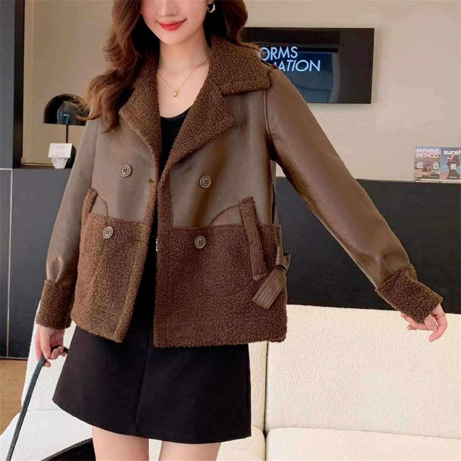 Women's Faux Shearing Moto Jackets Winter Sherpa Fleece Patchwork Leather Jackets