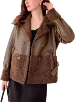 Women's Faux Shearing Moto Jackets Winter Sherpa Fleece Patchwork Leather Jackets