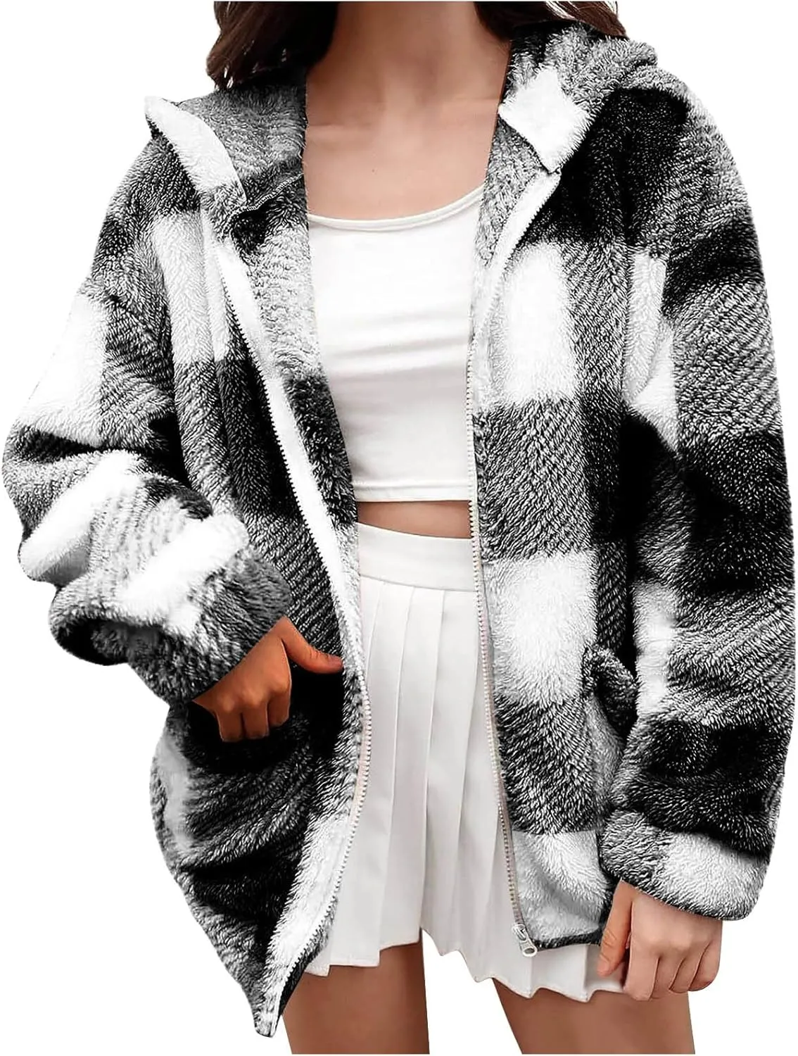 Womens Fleece Sherpa Jacket Casual Winter Jacket Oversized Button Down Jacket Trendy Flannel Plaid Jacket with Pocket