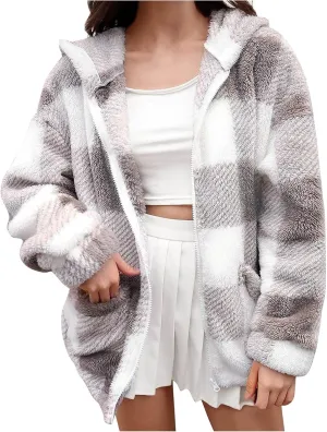 Womens Fleece Sherpa Jacket Casual Winter Jacket Oversized Button Down Jacket Trendy Flannel Plaid Jacket with Pocket