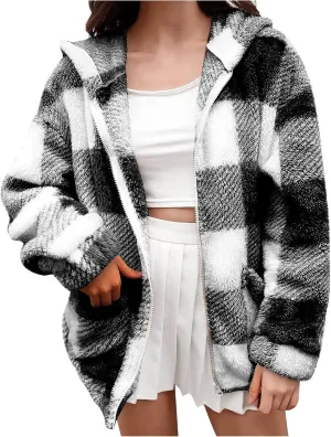Womens Fleece Sherpa Jacket Casual Winter Jacket Oversized Button Down Jacket Trendy Flannel Plaid Jacket with Pocket