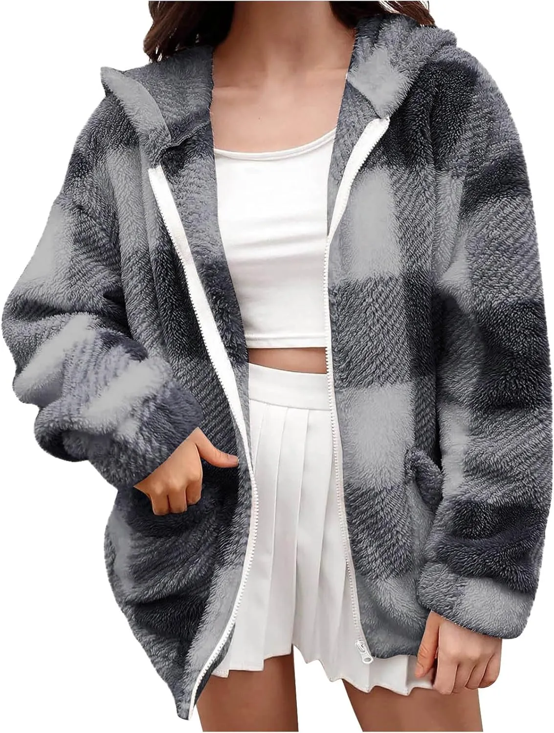 Womens Fleece Sherpa Jacket Casual Winter Jacket Oversized Button Down Jacket Trendy Flannel Plaid Jacket with Pocket
