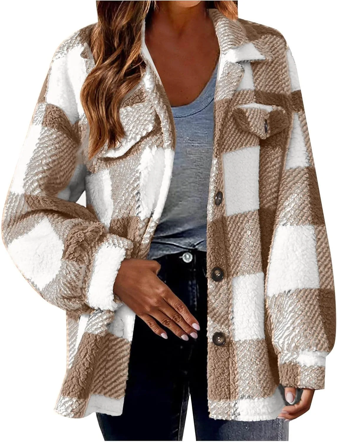 Womens Fleece Sherpa Jacket Casual Winter Jacket Oversized Button Down Jacket Trendy Flannel Plaid Jacket with Pocket