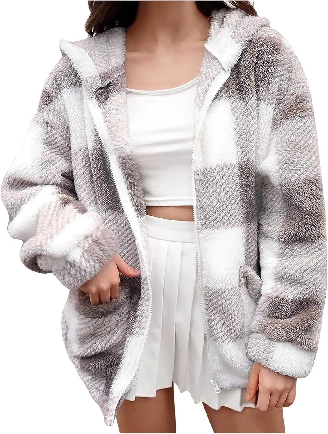 Womens Fleece Sherpa Jacket Casual Winter Jacket Oversized Button Down Jacket Trendy Flannel Plaid Jacket with Pocket