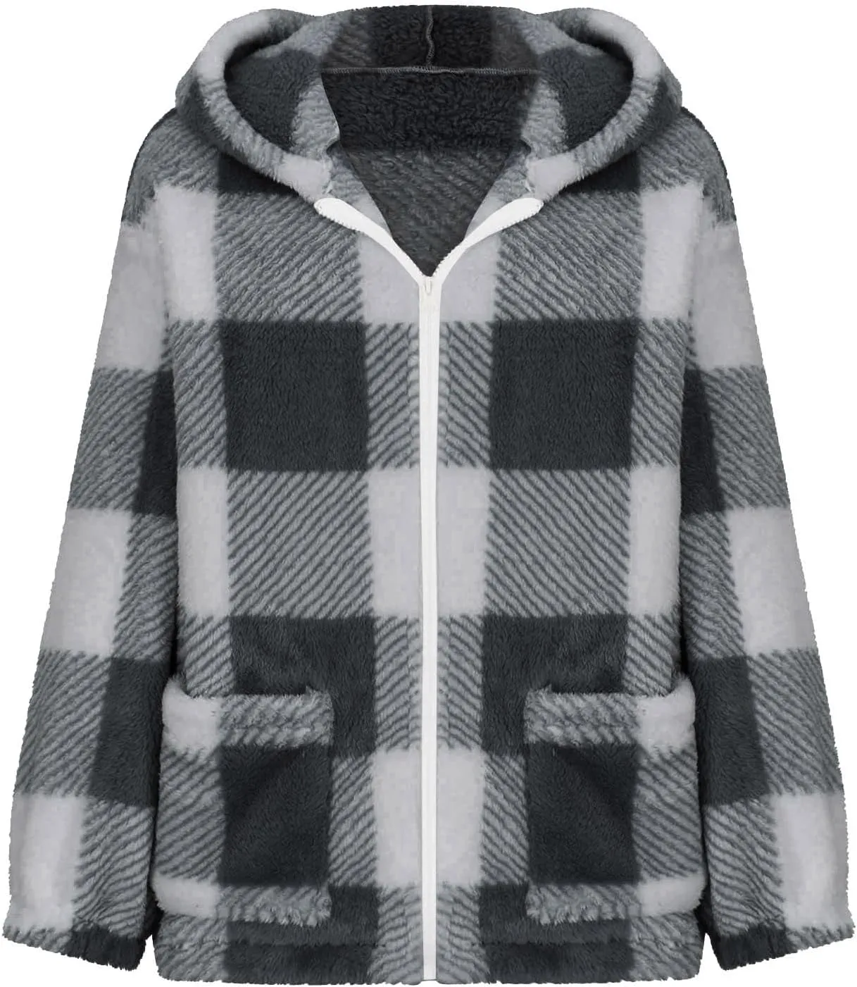 Womens Fleece Sherpa Jacket Casual Winter Jacket Oversized Button Down Jacket Trendy Flannel Plaid Jacket with Pocket
