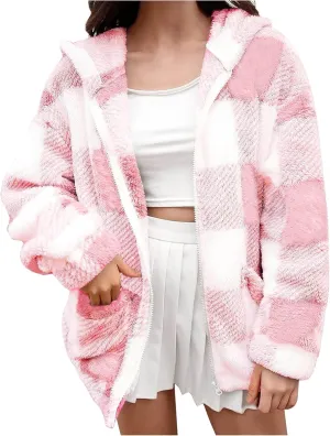 Womens Fleece Sherpa Jacket Casual Winter Jacket Oversized Button Down Jacket Trendy Flannel Plaid Jacket with Pocket