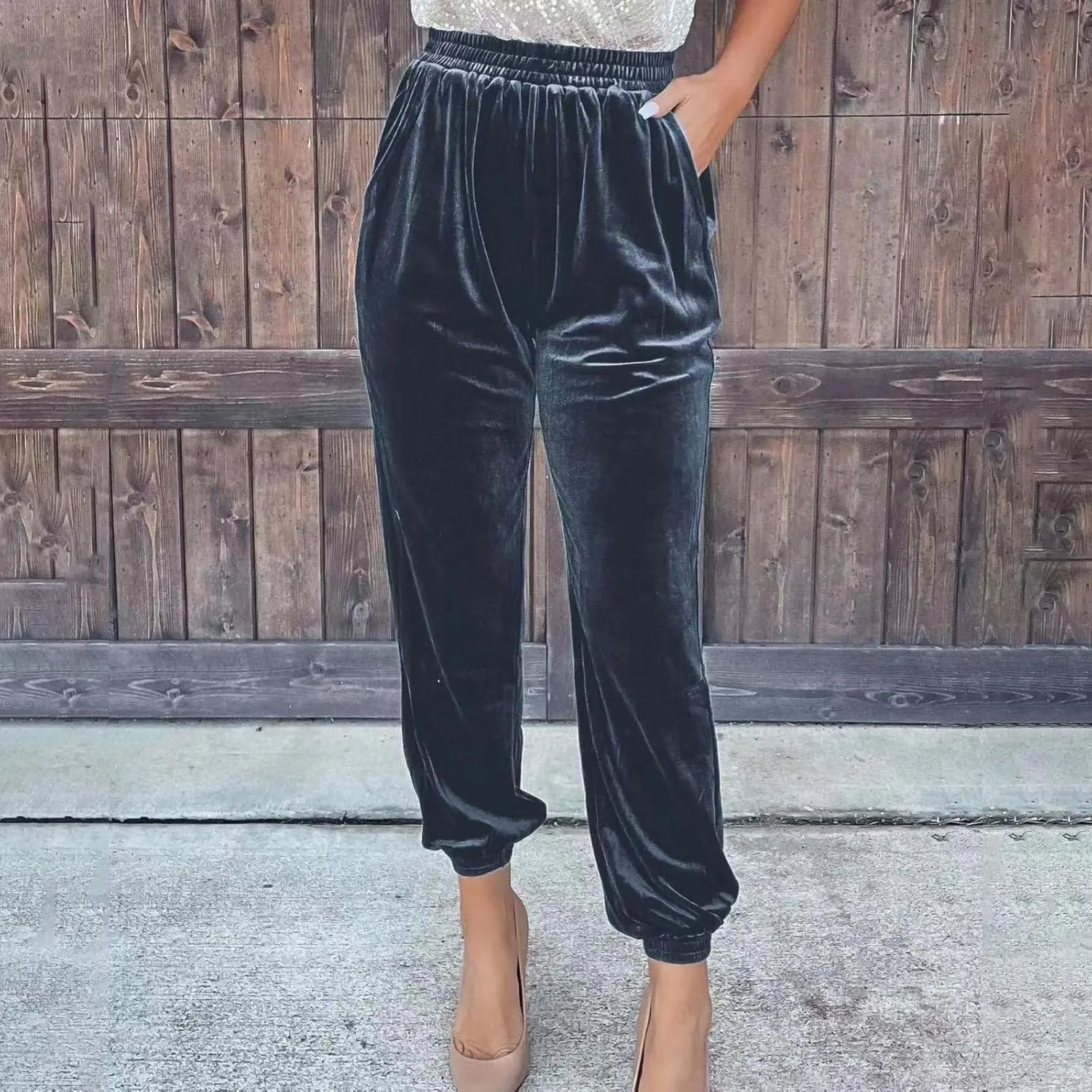Women's Golden Velvet Harem Pants High Waist Yoga Trousers Casual Track Cuff Stretch Trousers with Pockets