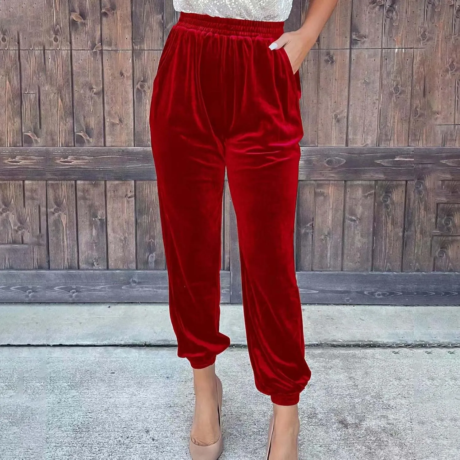 Women's Golden Velvet Harem Pants High Waist Yoga Trousers Casual Track Cuff Stretch Trousers with Pockets