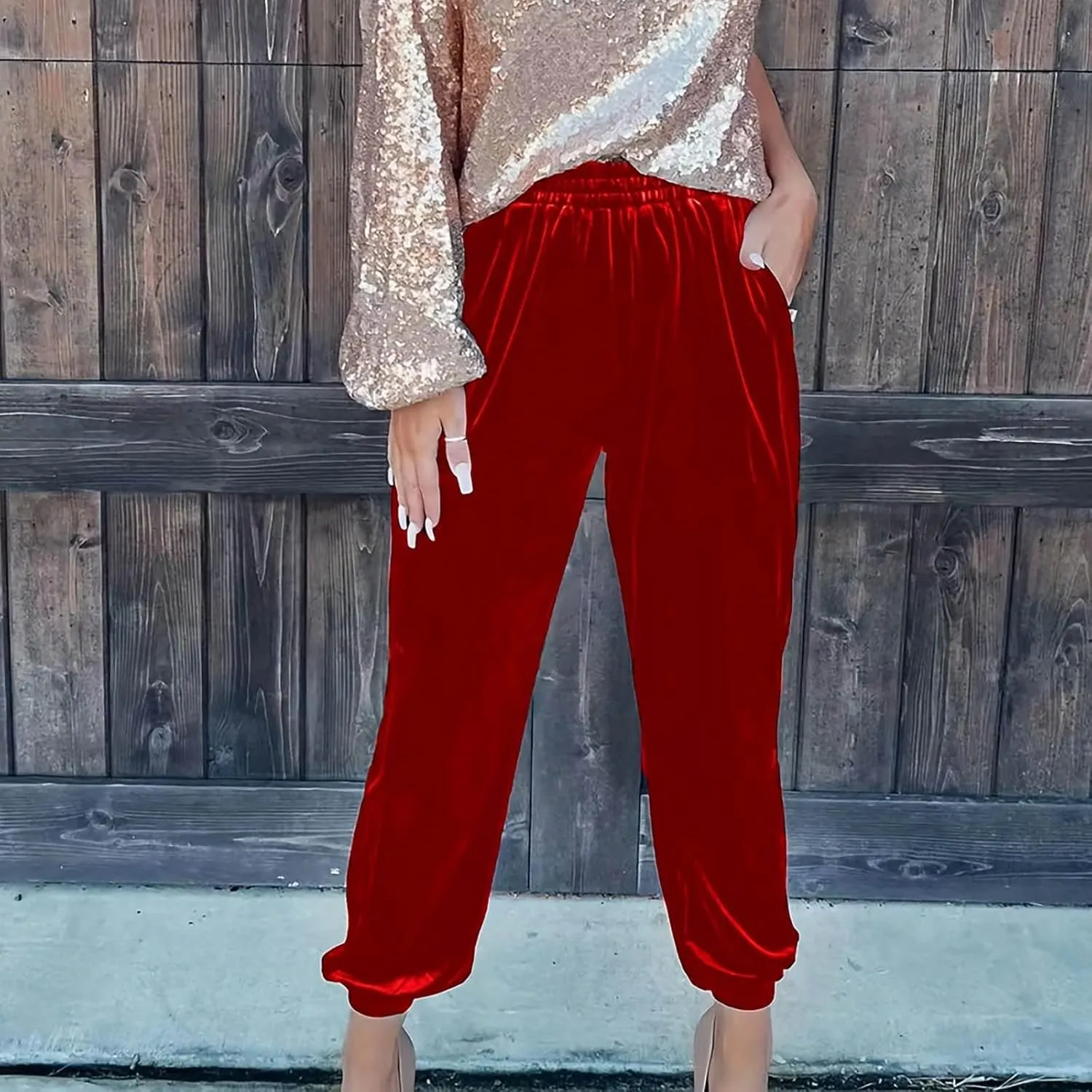 Women's Golden Velvet Harem Pants High Waist Yoga Trousers Casual Track Cuff Stretch Trousers with Pockets