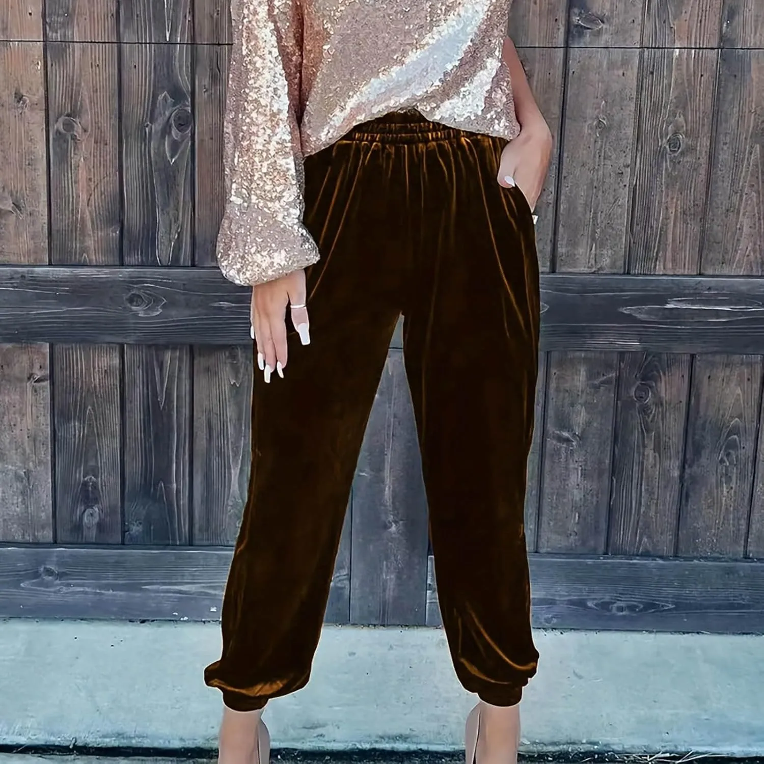 Women's Golden Velvet Harem Pants High Waist Yoga Trousers Casual Track Cuff Stretch Trousers with Pockets