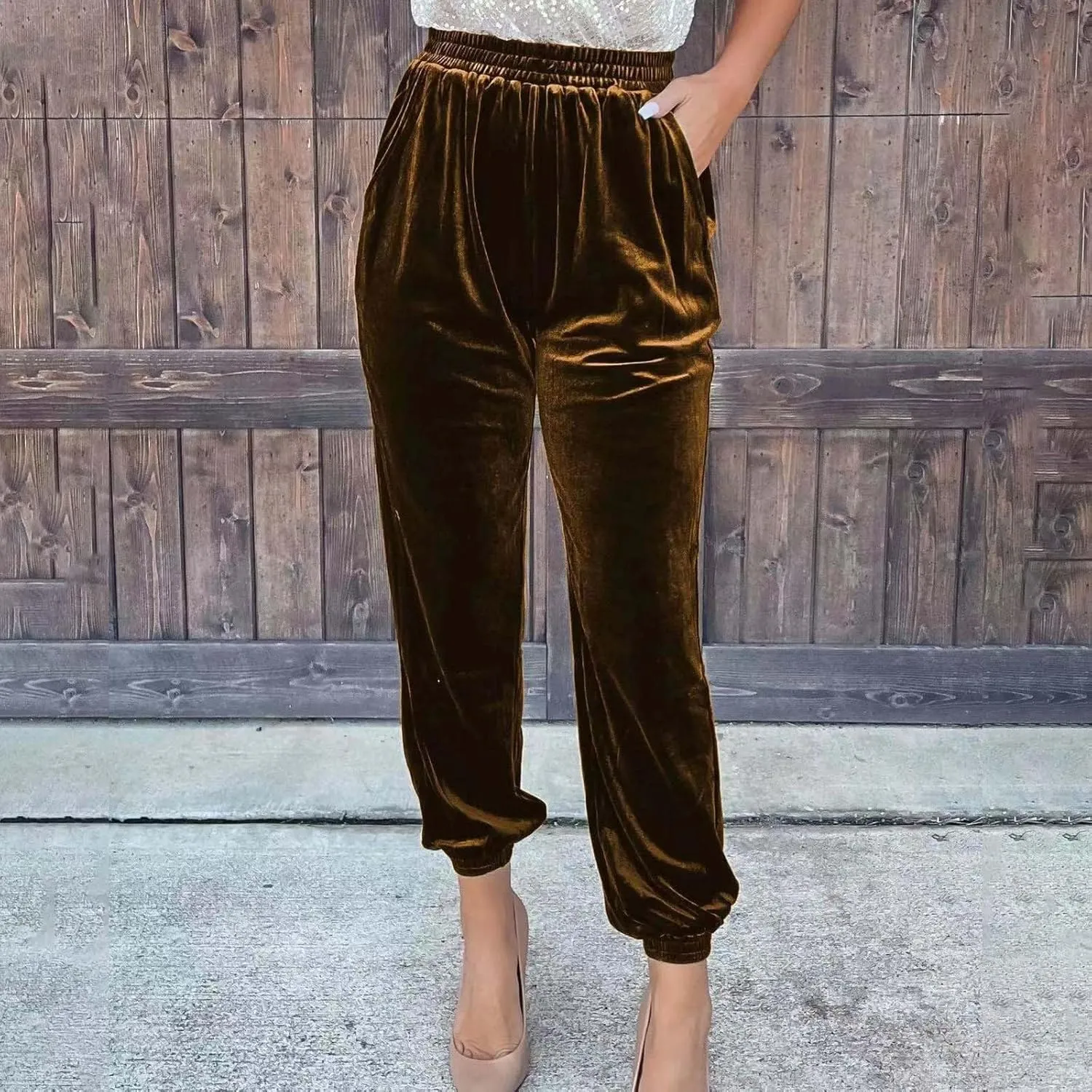 Women's Golden Velvet Harem Pants High Waist Yoga Trousers Casual Track Cuff Stretch Trousers with Pockets