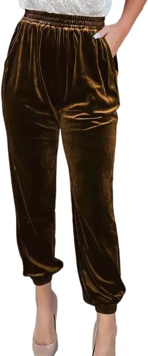 Women's Golden Velvet Harem Pants High Waist Yoga Trousers Casual Track Cuff Stretch Trousers with Pockets