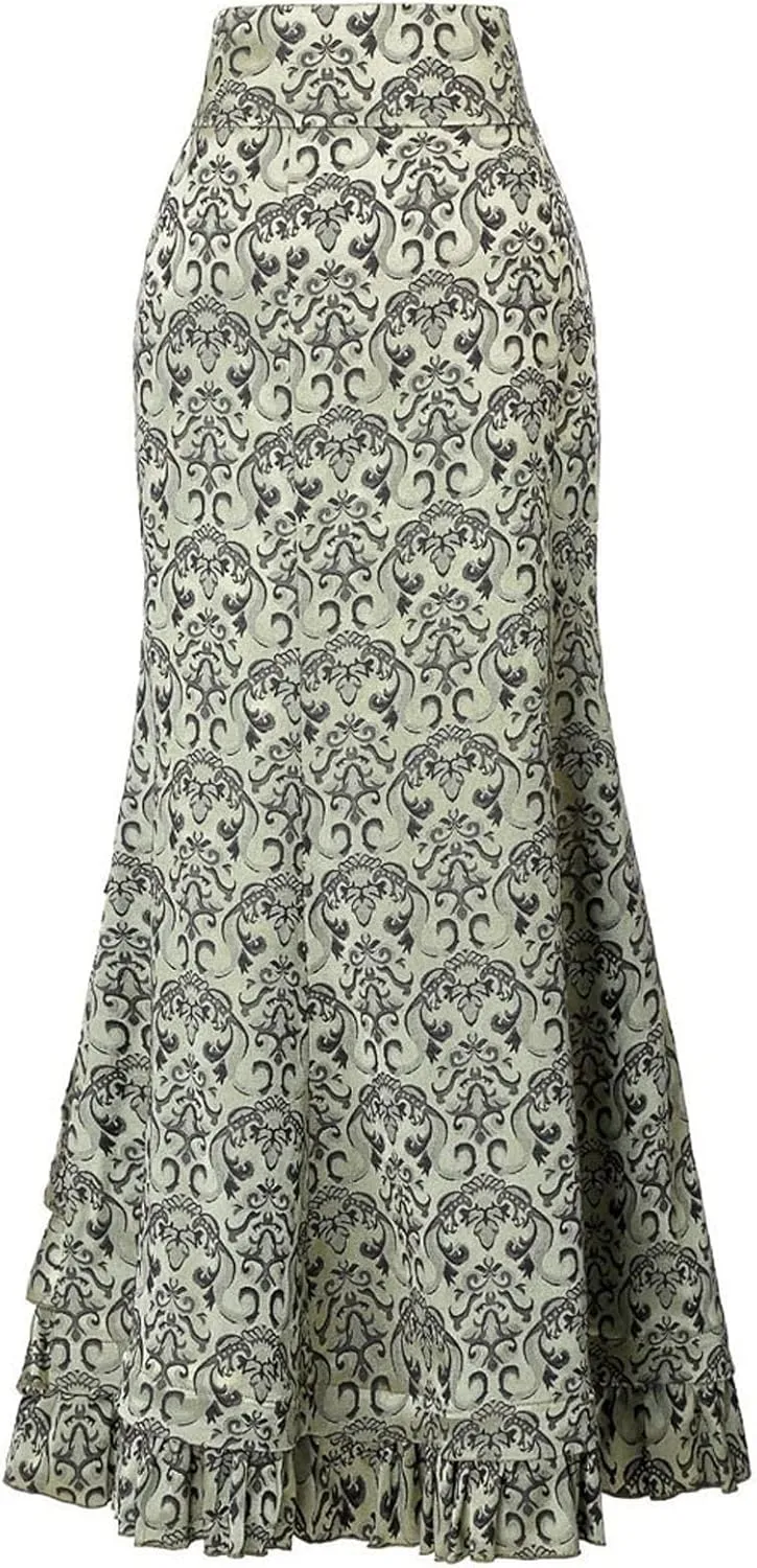 Womens High Waist Skirts Floor Length Retro Mermaid Bandage Printed Skirt Vintage Fishtail Pencil Skirt Maxi Wrap Dress