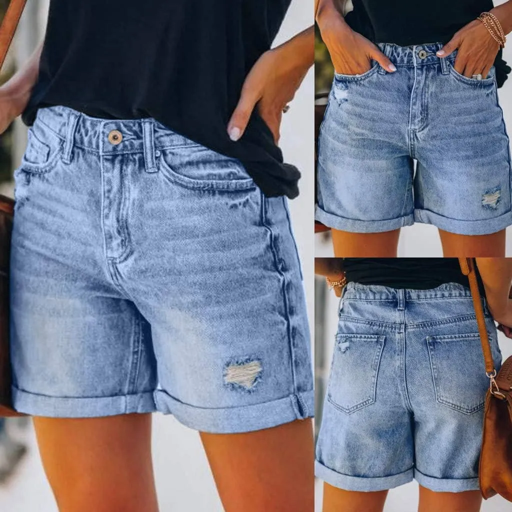 Women's High Waisted Denim Shorts Casual Ripped Summer Hot Short Jeans Raw Hem Stretchy Denim Jeans Shorts