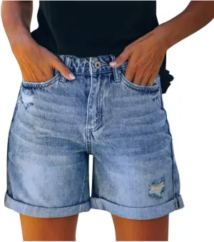 Women's High Waisted Denim Shorts Casual Ripped Summer Hot Short Jeans Raw Hem Stretchy Denim Jeans Shorts