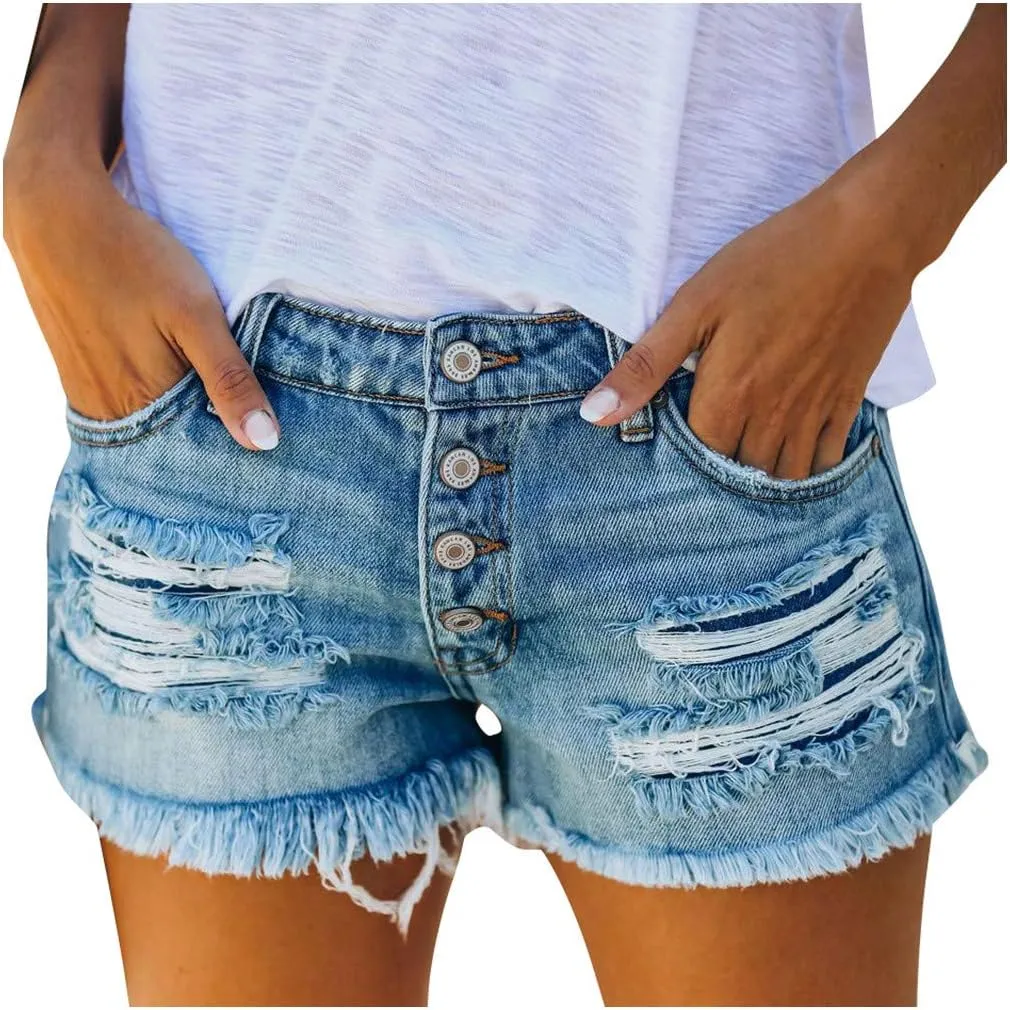 Women's High Waisted Stretchy Denim Shorts Cuffed Jean Summer Stretchy Ripped Jean Shorts for Women with Pockets