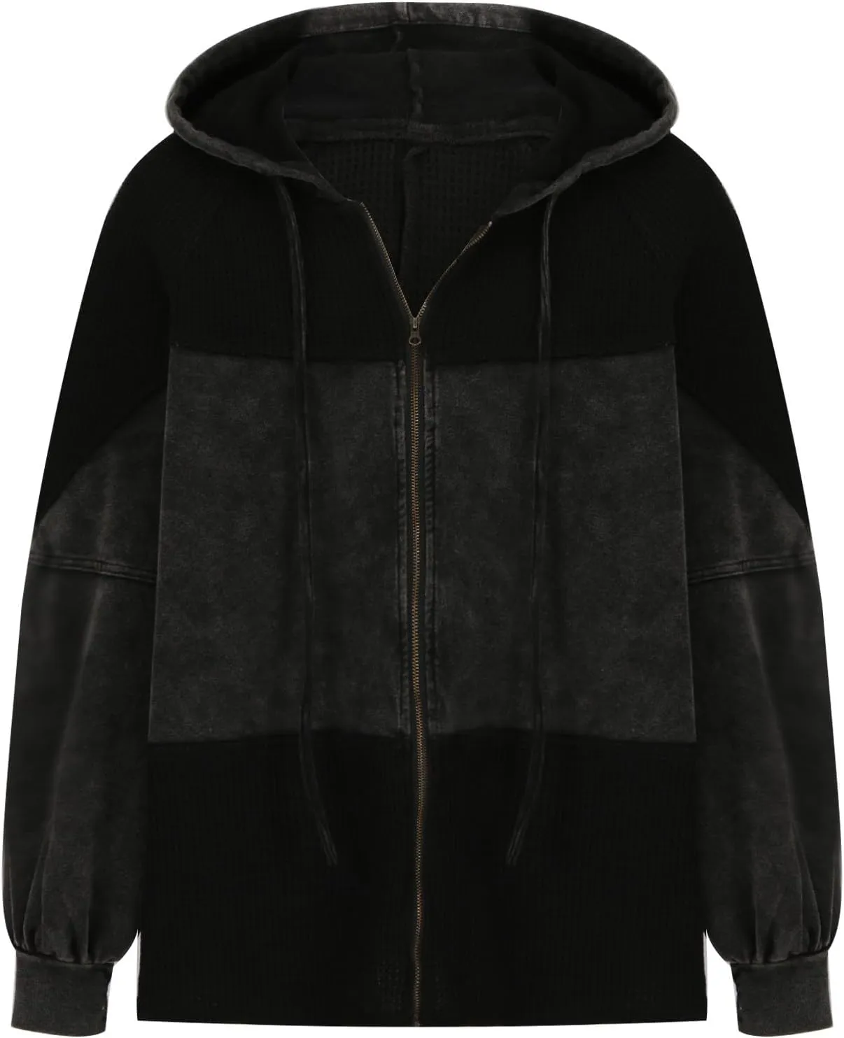 Womens Hoodies Long Sleeve Oversized Sweatshirt Zip Up Waffle Jacket Drawstring Colorblock Patchwork Hoodie Loose Coat