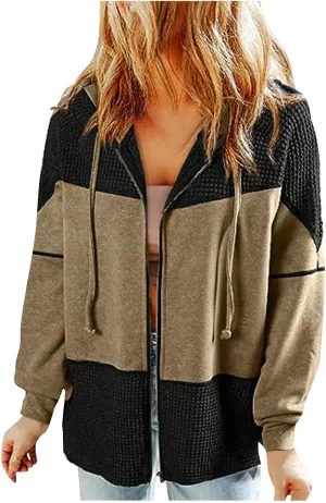 Womens Hoodies Long Sleeve Oversized Sweatshirt Zip Up Waffle Jacket Drawstring Colorblock Patchwork Hoodie Loose Coat