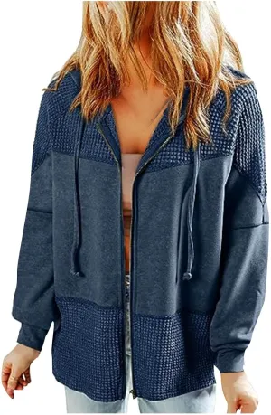 Womens Hoodies Long Sleeve Oversized Sweatshirt Zip Up Waffle Jacket Drawstring Colorblock Patchwork Hoodie Loose Coat