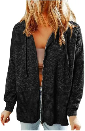 Womens Hoodies Long Sleeve Oversized Sweatshirt Zip Up Waffle Jacket Drawstring Colorblock Patchwork Hoodie Loose Coat