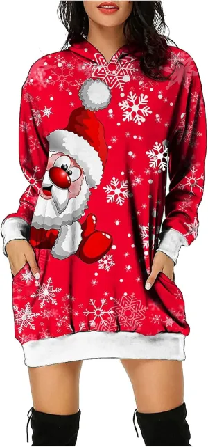 Women's Hoodies Sweatshirt Dresses Fashion Christmas Print Casual Loose Long Sleeve Pullover Jumper Plus Size