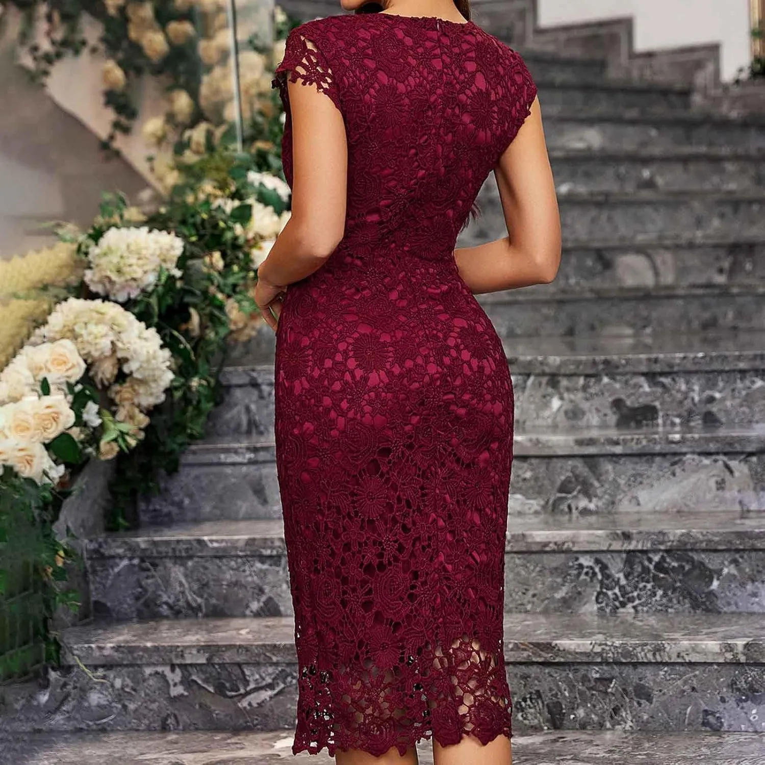 Womens Lace Floral Dress Trendy Dressy Elegant Cocktail Evening Party Bodycon Dress Cap Sleeve Crew Neck Midi Dress