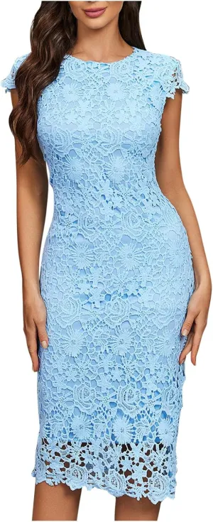 Womens Lace Floral Dress Trendy Dressy Elegant Cocktail Evening Party Bodycon Dress Cap Sleeve Crew Neck Midi Dress