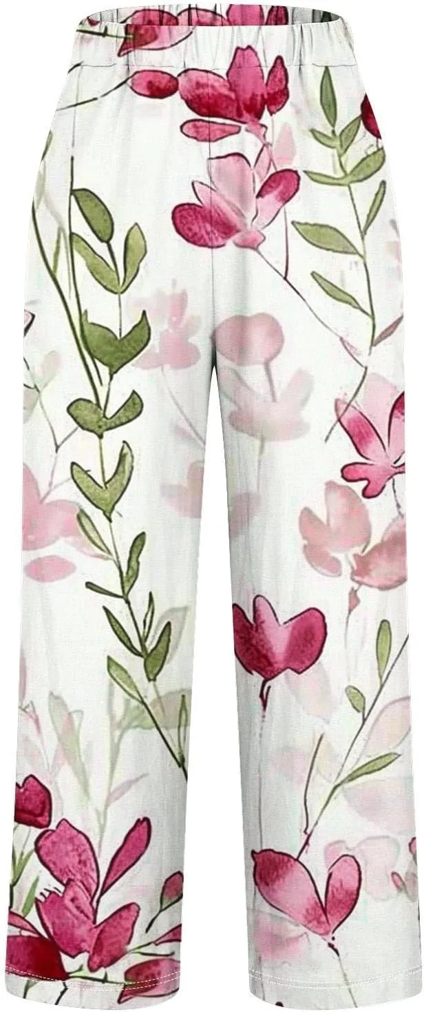 Womens Linen Pants Elastic Waist Boho Floral Pants Straight Casual Loose Summer Beach Baggy Trousers with Pockets