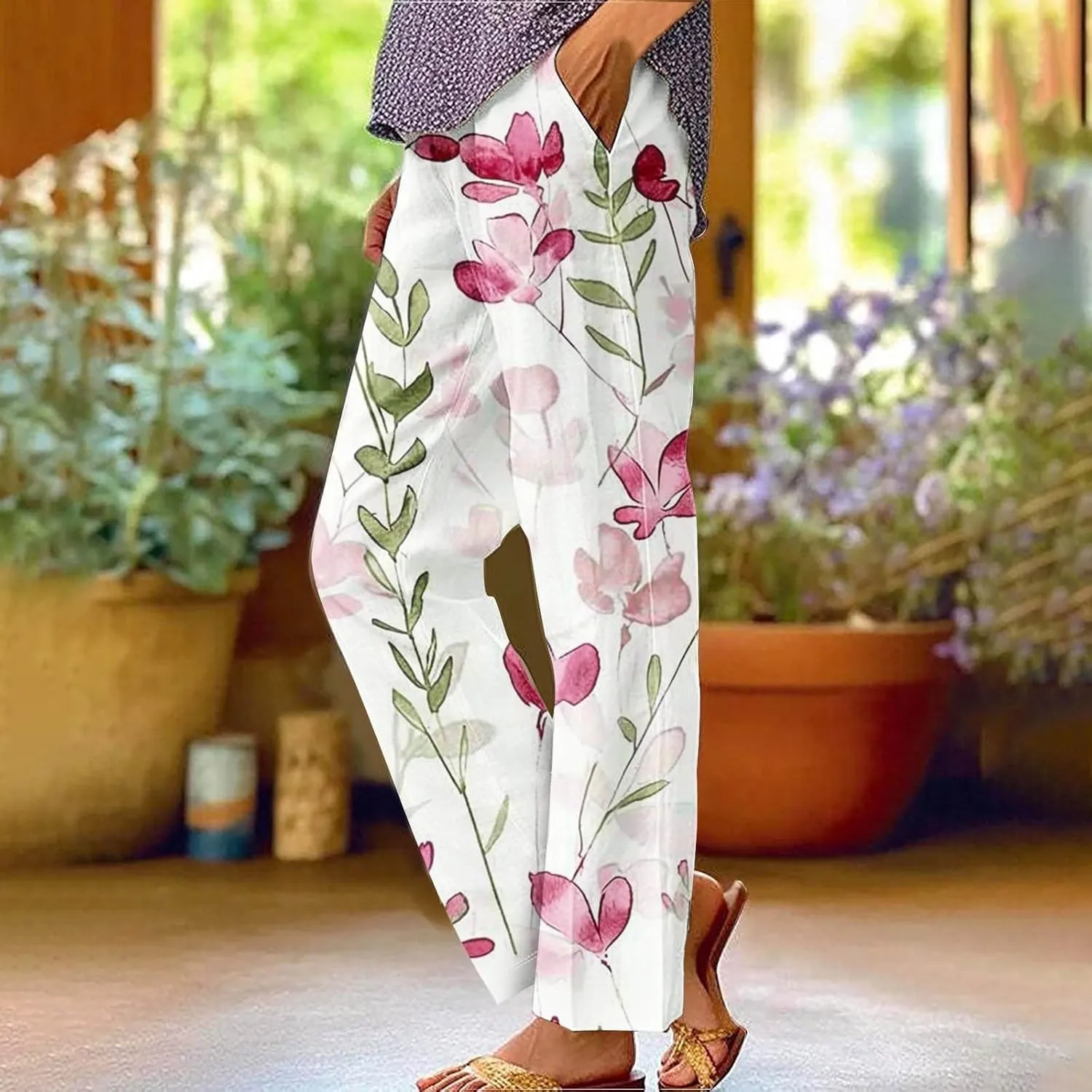 Womens Linen Pants Elastic Waist Boho Floral Pants Straight Casual Loose Summer Beach Baggy Trousers with Pockets