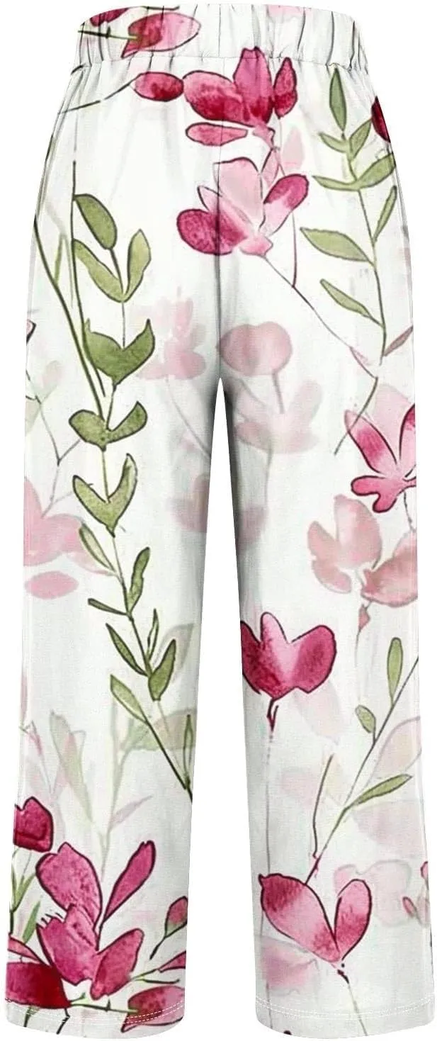 Womens Linen Pants Elastic Waist Boho Floral Pants Straight Casual Loose Summer Beach Baggy Trousers with Pockets