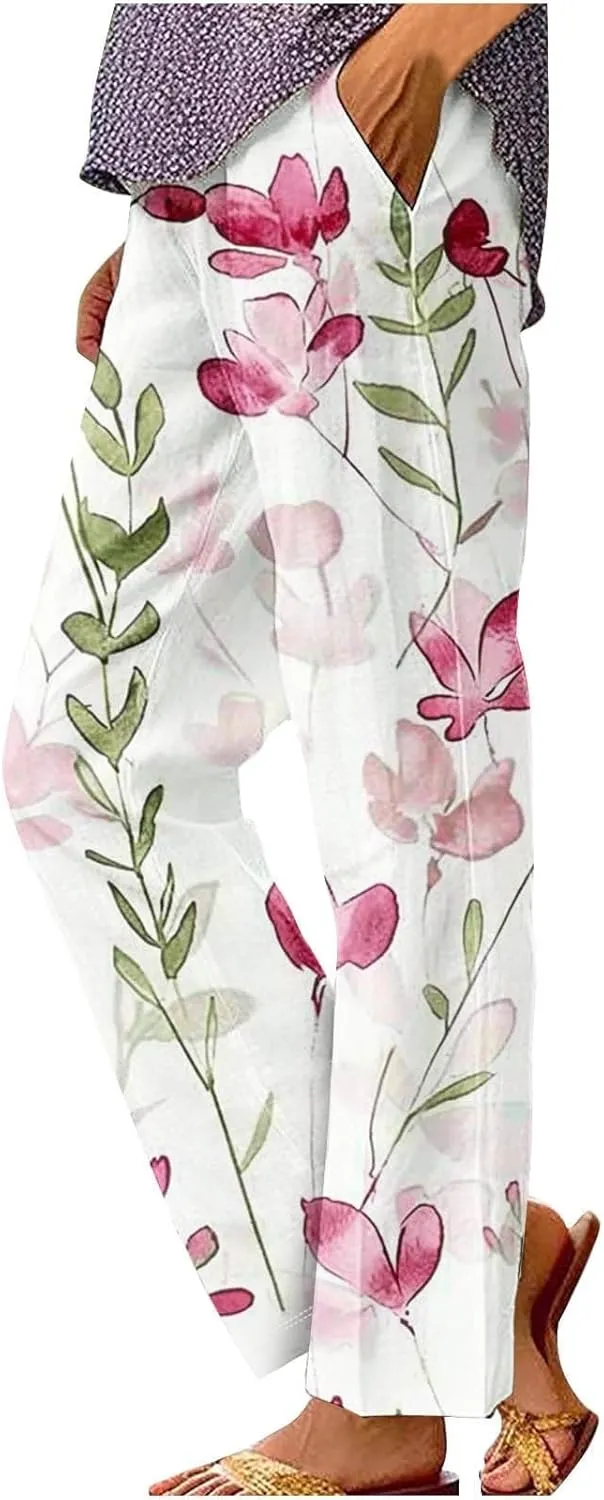 Womens Linen Pants Elastic Waist Boho Floral Pants Straight Casual Loose Summer Beach Baggy Trousers with Pockets