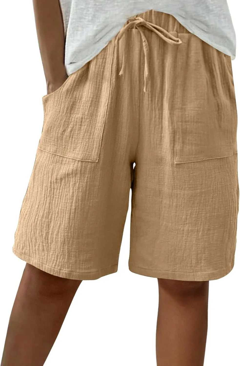 Women's Linen Shorts Elastic Waist Drawstring Bermuda Shorts for Women Knee Length Summer Casual Beach Clothes 2025