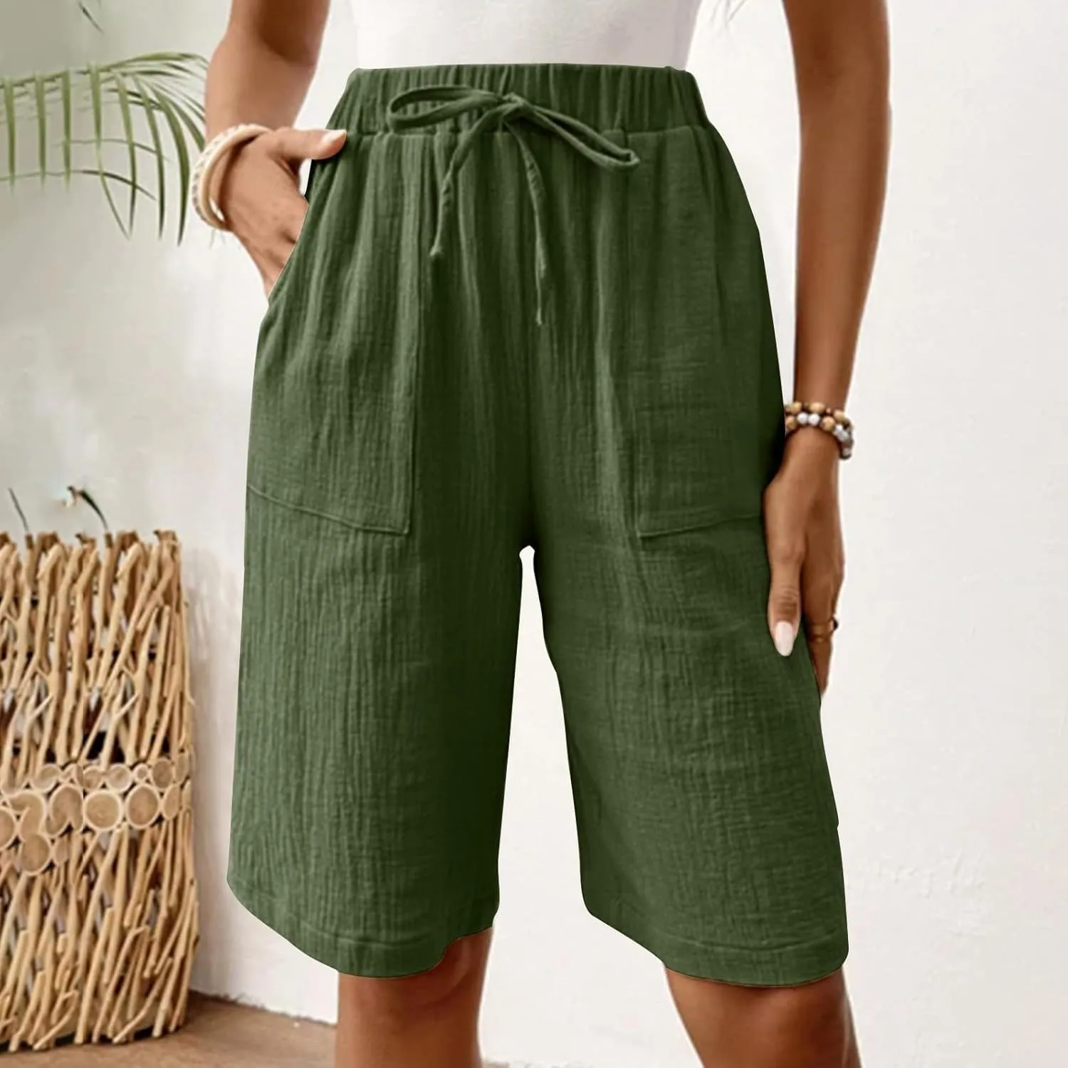 Women's Linen Shorts Elastic Waist Drawstring Bermuda Shorts for Women Knee Length Summer Casual Beach Clothes 2025