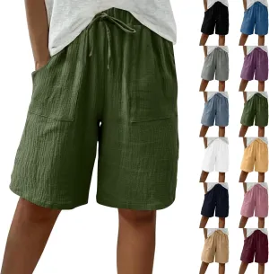 Women's Linen Shorts Elastic Waist Drawstring Bermuda Shorts for Women Knee Length Summer Casual Beach Clothes 2025