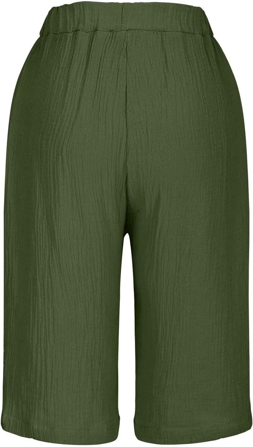 Women's Linen Shorts Elastic Waist Drawstring Bermuda Shorts for Women Knee Length Summer Casual Beach Clothes 2025