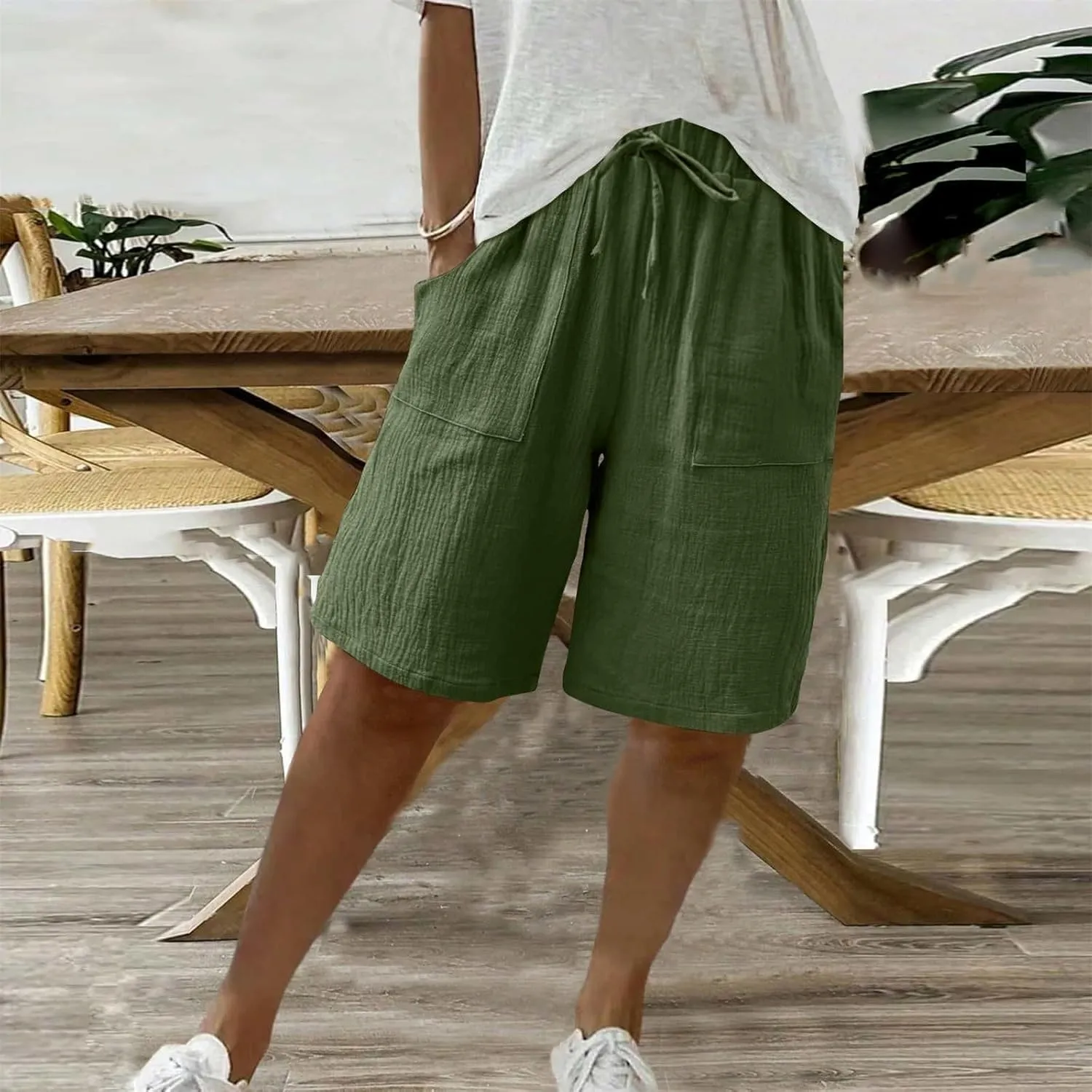 Women's Linen Shorts Elastic Waist Drawstring Bermuda Shorts for Women Knee Length Summer Casual Beach Clothes 2025