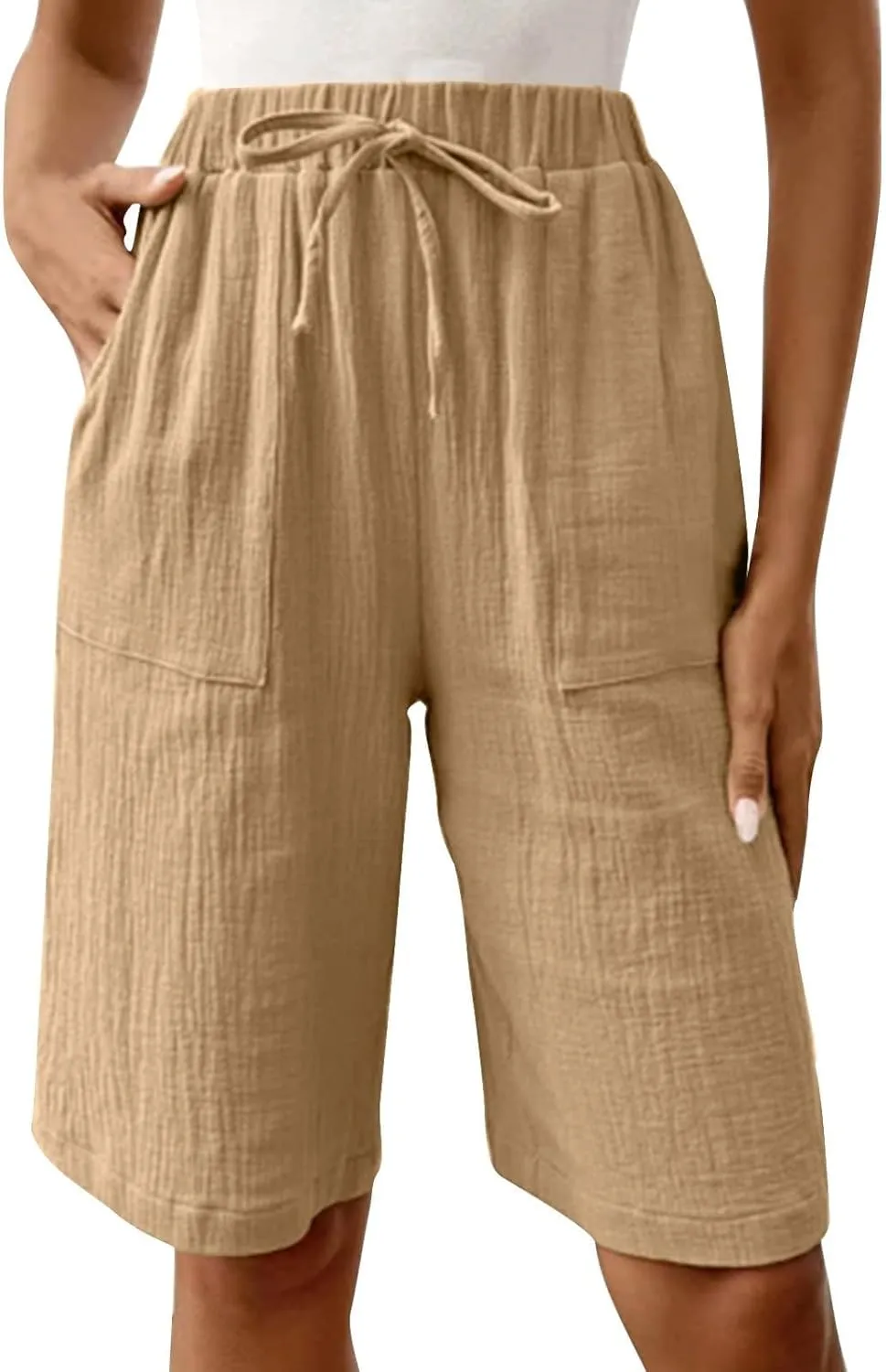 Women's Linen Shorts Elastic Waist Drawstring Bermuda Shorts for Women Knee Length Summer Casual Beach Clothes 2025