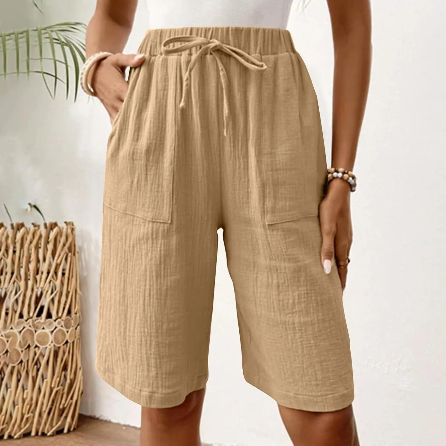 Women's Linen Shorts Elastic Waist Drawstring Bermuda Shorts for Women Knee Length Summer Casual Beach Clothes 2025